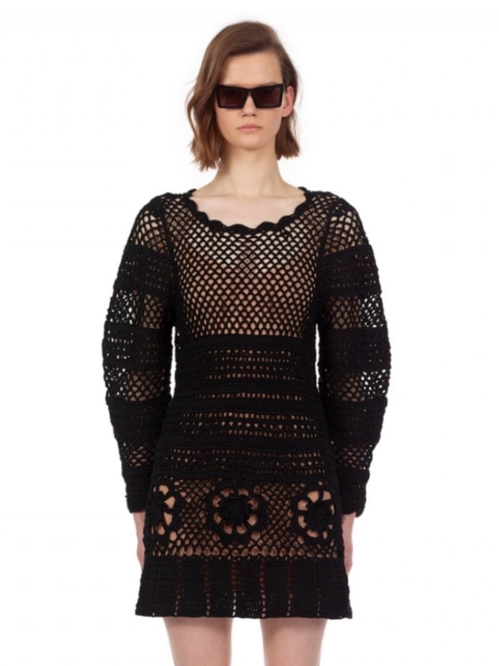 Self Portrait Black Crochet Long-Sleeve Mini Dress